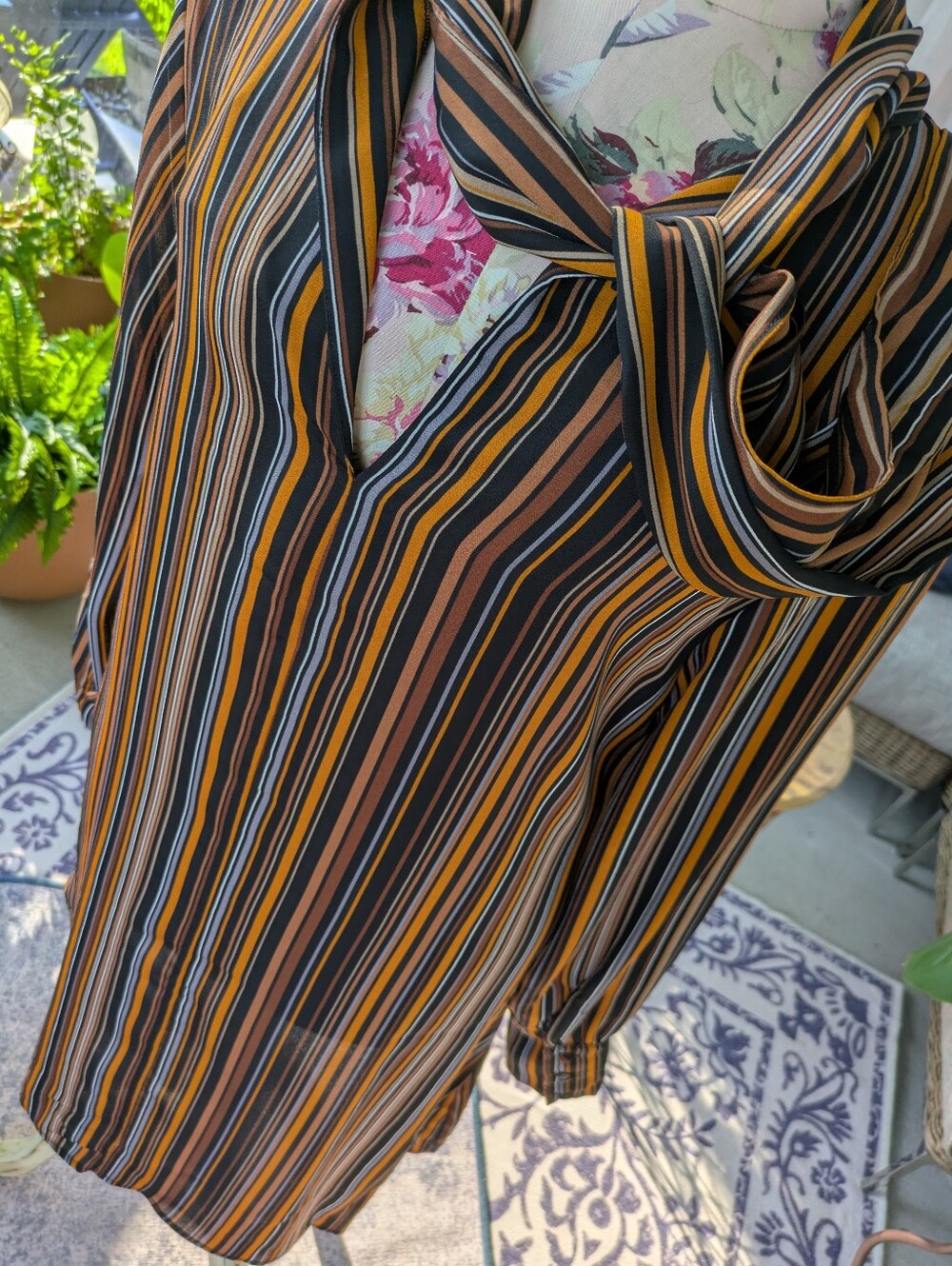 City Chic Striped V-Neck Tie-Neck Blouse - Black, Brown & Mustard